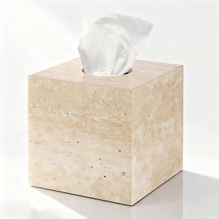 Nanshop Travertine Marble Tissue Box Holder Cover - Square Cube Open Bottom Beige for Bathroom Vanity, Bedroom Dresser, Kitchen Counter (NS022)