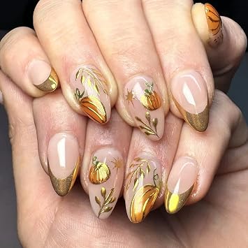 24 Pcs Fall Press on Nails Golden French Tip Fake Nails Full Cover False Nail Halloween Pumpkins Designs Glossy Medium Almond Artificial Thanksgiving Stick on Nail for Women DIY Manicuare