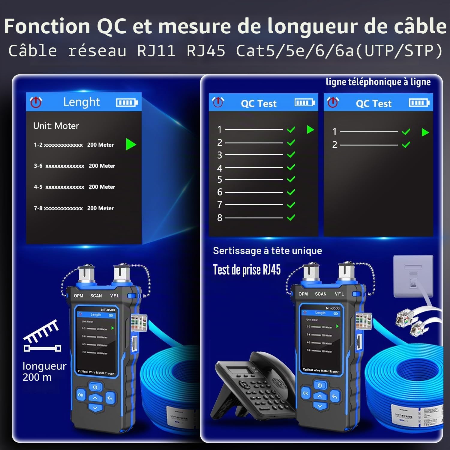 NF-8508 Testeur de câbles réseau avec testeur de puissance optique VFL, PoE, mesure de longueur RJ11/RJ45/CAT5/CAT6, traceur, testeur de fibre optique et outil