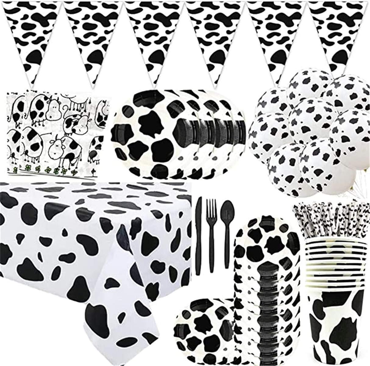 FAIRYRAIN112 Pcs Farm Cow Theme Birthday Party Animal Party Cow Disposable Tableware Decorations Set For Boys and Girls Birthday Serves 10