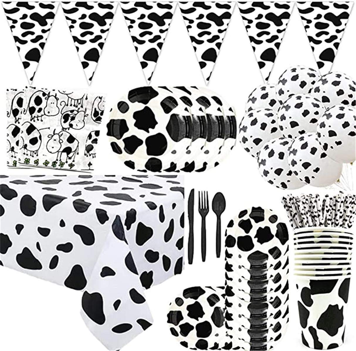 FAIRYRAIN112 Pcs Farm Cow Theme Birthday Party Animal Party Cow Disposable Tableware Decorations Set For Boys and Girls Birthday Serves 10