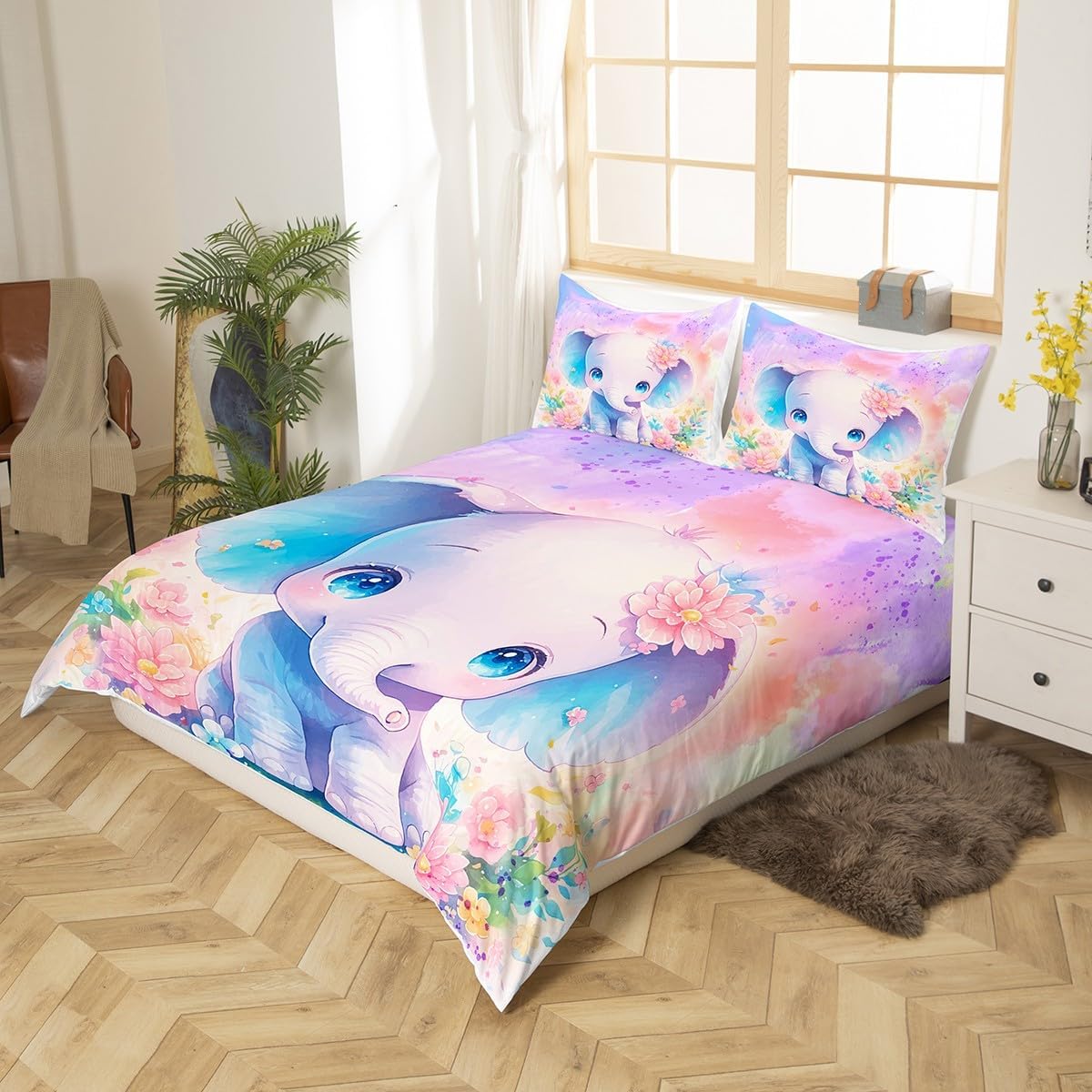 Feelyou Kids Elephant Comforter Cover Queen Size, Cute Elephant Bedding Set Boys Girls Cartoon Animal Duvet Cover Rainbow Floral Teens Bedspread Cover Bed Set with 2 Pillow Case(No Comforter)