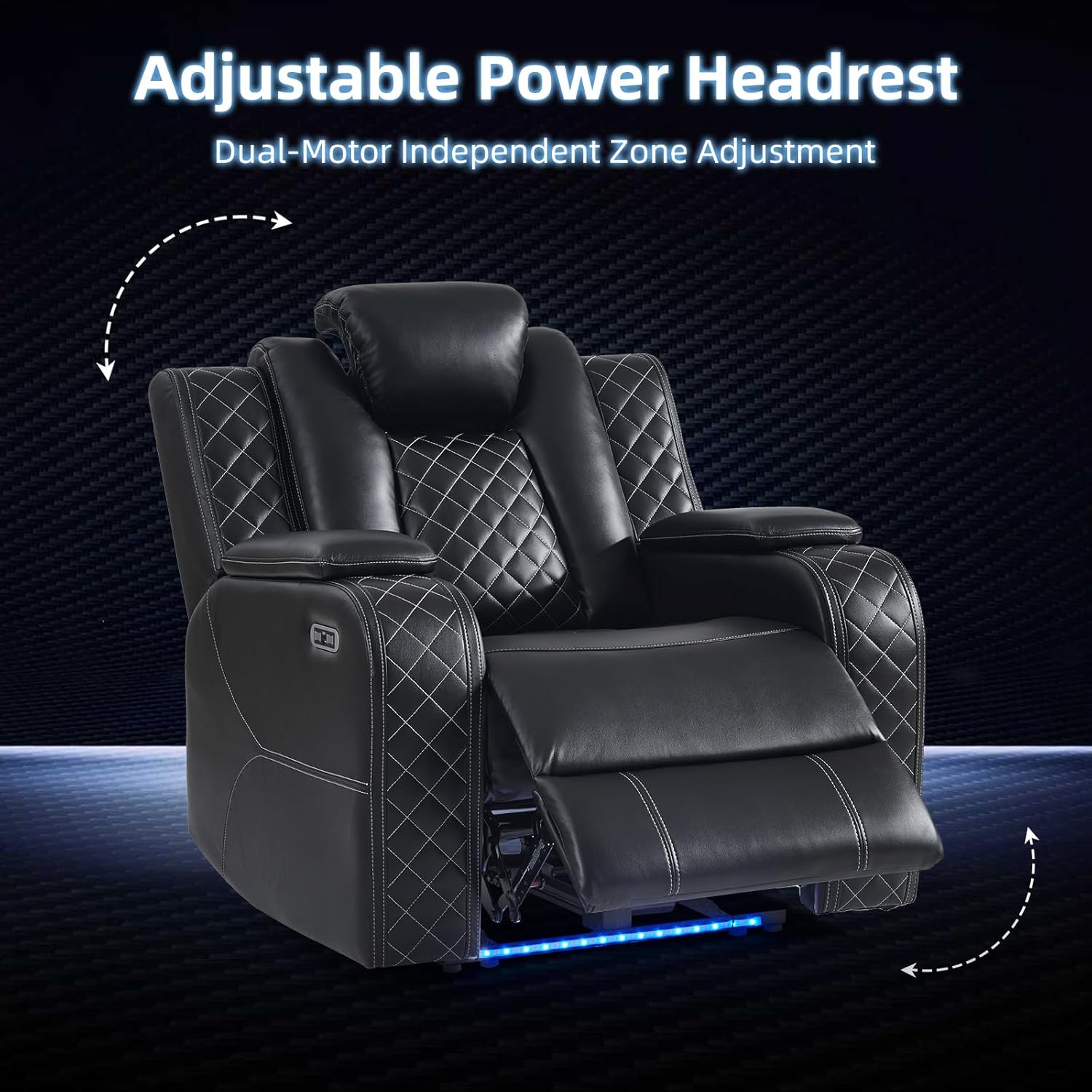 CANMOV Faux Leather Power Home Theater Seating, Movie Single Reclining Sofa with Adjustable Headrest,LED Lights,Type-C USB Charger Port,Hidden Arm Storage,Electric Gaming for Living Room, Black