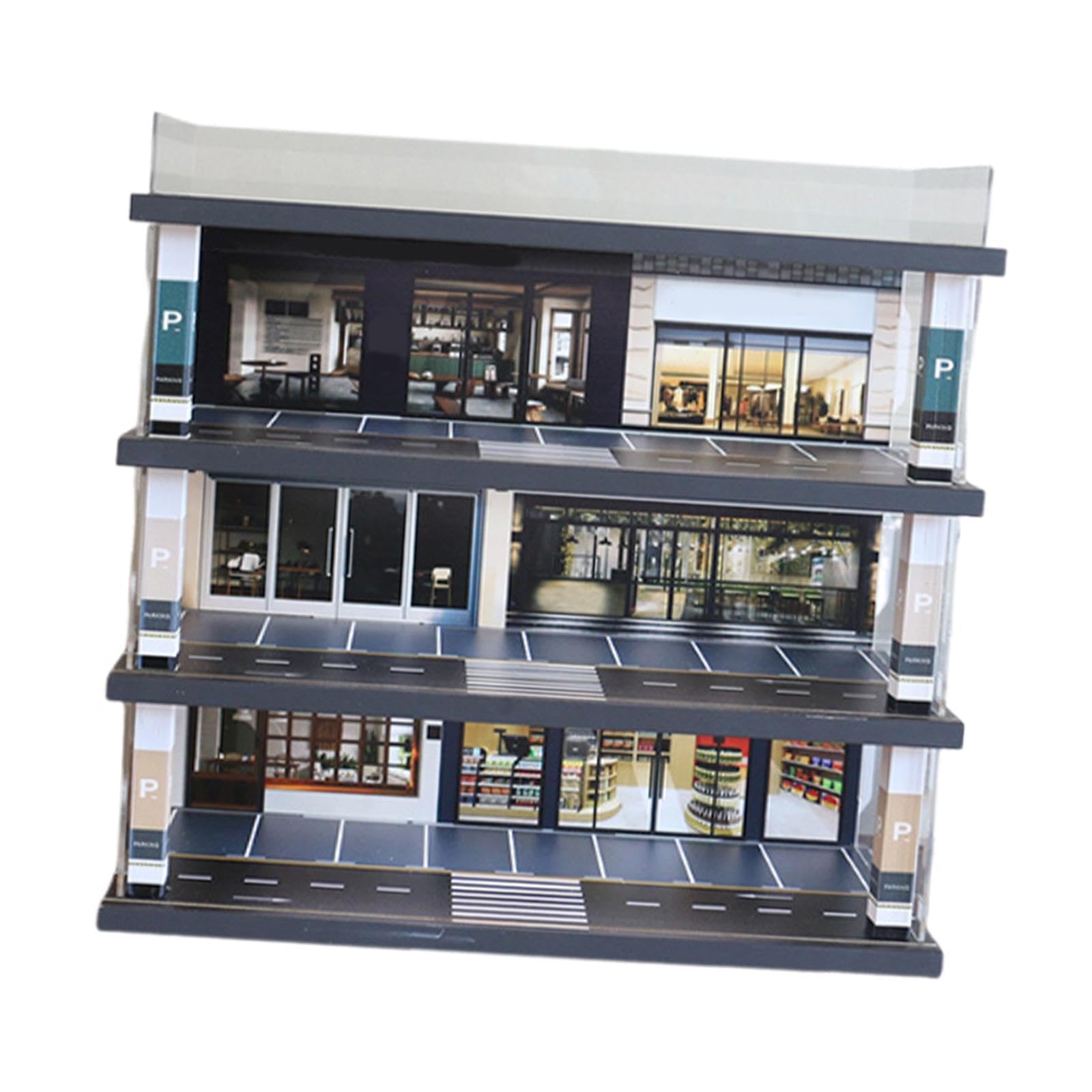 1/64 Modellauto Vitrine, Spielzeugauto Aufbewahrungsbox, Straßendiorama, Staubdichtes Ornament mit Beleuchtung, 4 Stöckiges Miniatur Szenenmodell