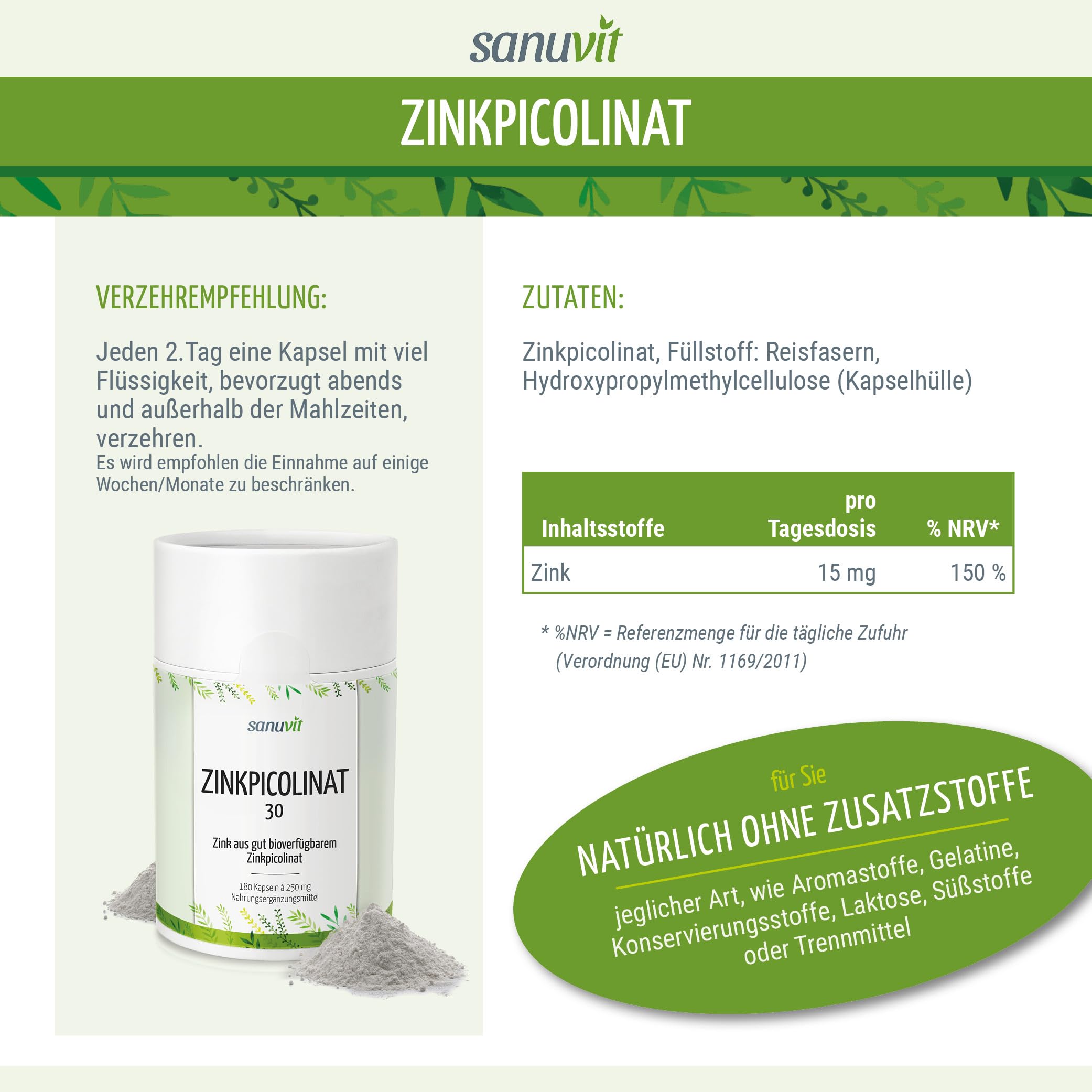Sanuvit® - Zink 30 mg pro Kapsel | 180 Kapseln | Hochdosiert | Zink aus Zinkpicolinat | Hohe Bioverfügbarkeit und Verträglichkeit | Hergestellt in Österreich
