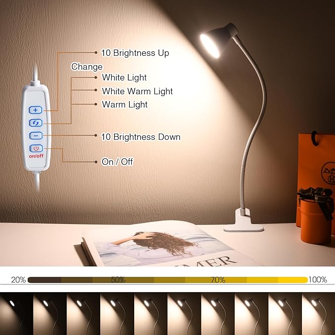 CeSunlight Clamp Desk Lamp, Clip on Reading Light, 3000K-6500K Adjustable Color Temperature, Multiple Illumination Modes, CRI>90, 6Watts (Adapter Not Included) photo 3
