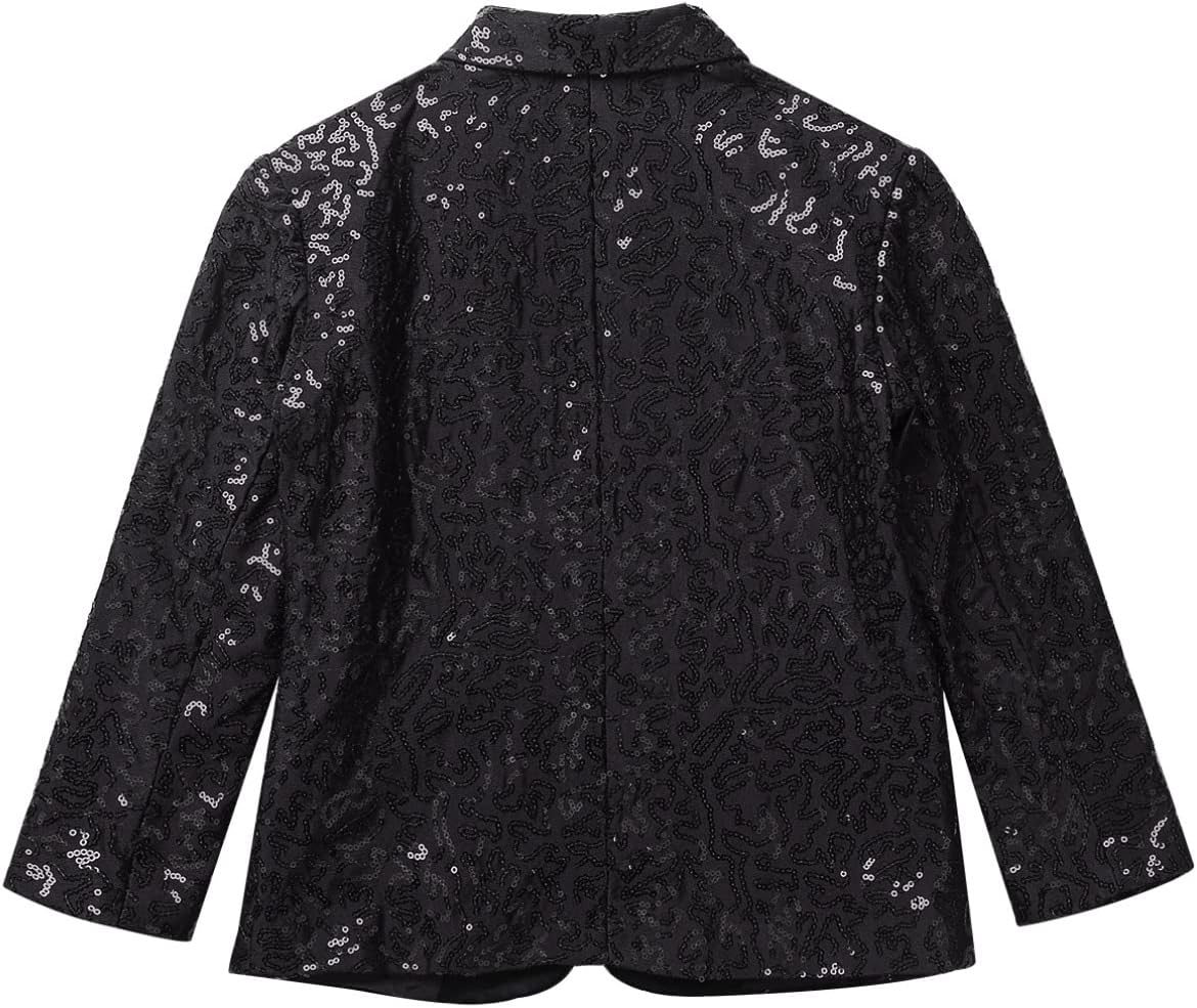 Kids Boys Shiny Sequins Tuxedo Jacket Coat One Button Tailcoat for Wedding Pageant Birthday Party