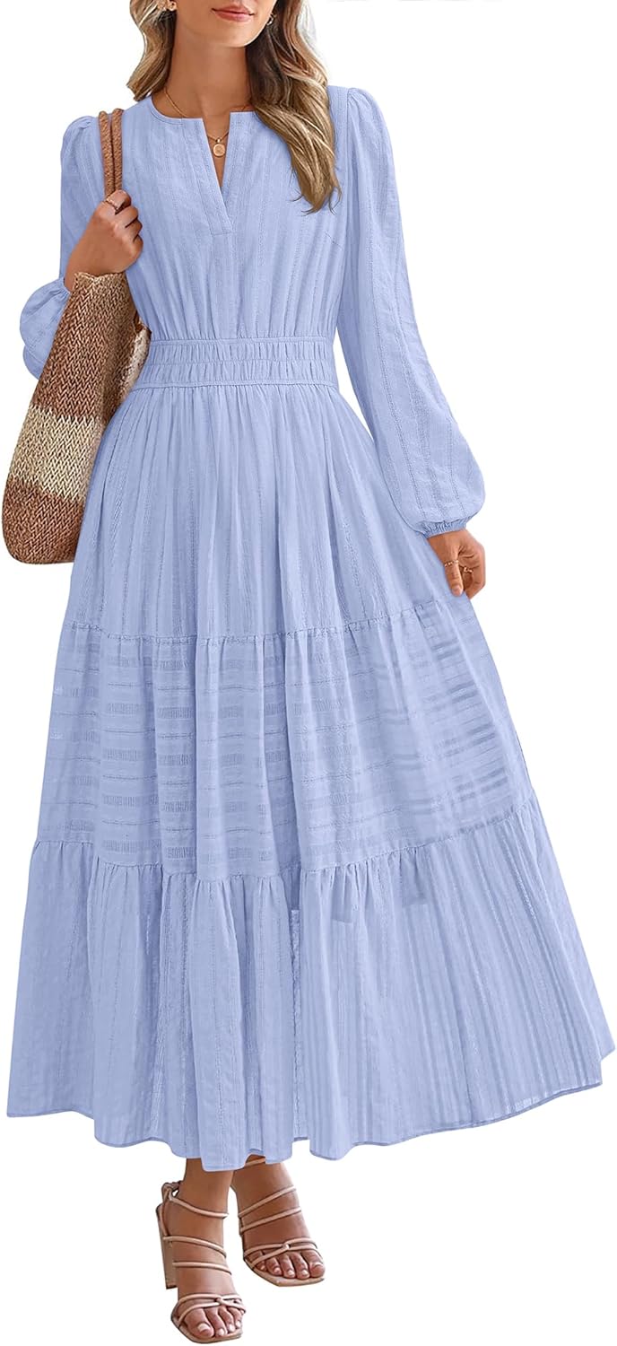 BTFBM Fall Dresses for Women 2025 Casual Long Sleeve V Neck Elastic Waist Lightweight Maxi Wedding Guest Dress Pockets(Light Blue, XX-Large)
