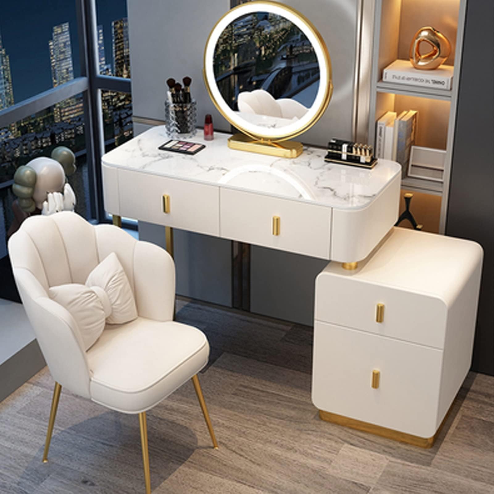 Makeup Vanity Desk and Stool Set, Dressing Table with LED Light Mirror, Adjustable Brightness, Vanity Table with Drawers, Bedroom Furniture, for Women (Color: White+Gold, Size: 120)