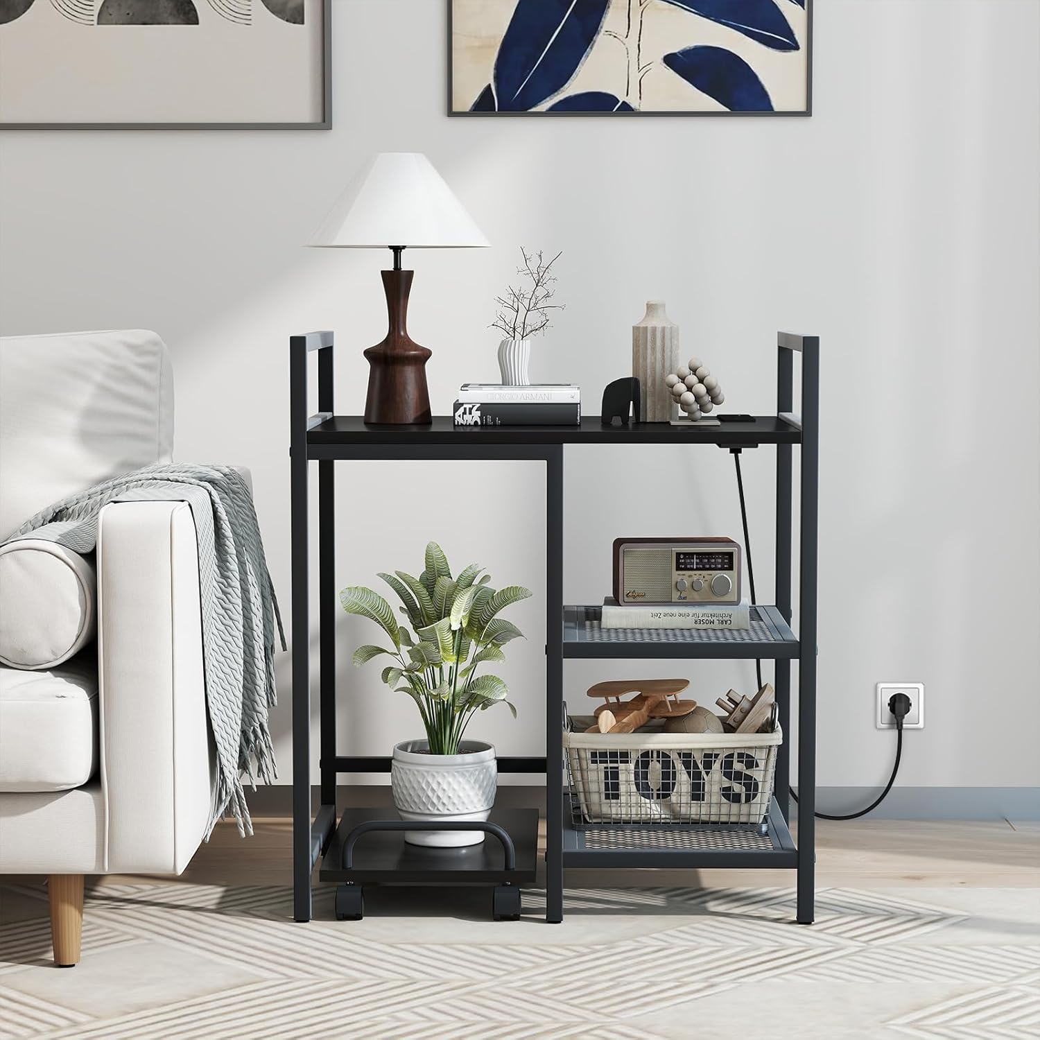 Giantex 3-Tier Printer Stand with Charging Station, 2 Open Storage Shelves, Side PC Stand on Wheels, 25" x 16" Mobile Printer Table for Computer Tower, Printer Shredder, Fax, Under Desk, Home Office