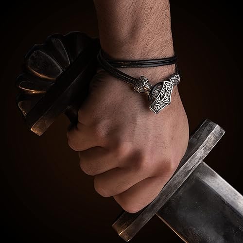 Miniatura 3 de Pulsera de cuero vikingo con martillo de Thor, protección Mjolnir, regalo para hombres y mujeres, pulsera nórdica para él y ella, joyería
