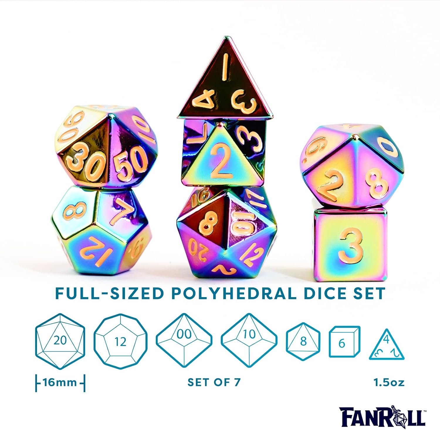 FanRoll 16mm Metal Polyhedral DND Dice Set: Torched Rainbow, Role Playing Game Dice for Dungeons and Dragons