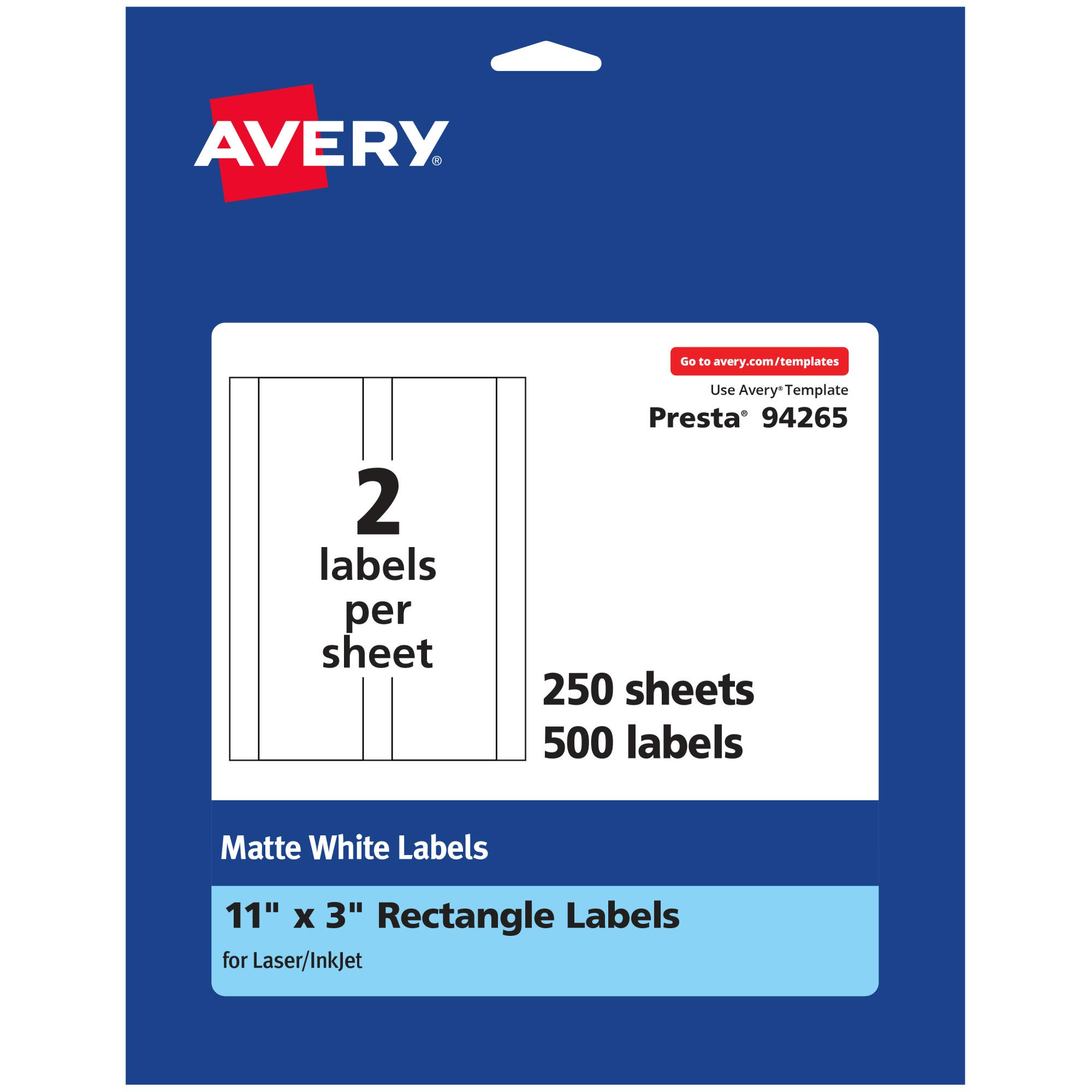 Avery Matte White Rectangle Labels, 11" x 3", 500 Matte White Printable Labels