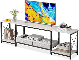طاولة تلفزيون للتلفزيونات مقاس 60 65 70 بوصة مع درجين قماشيين، طاولة حامل تلفزيون مع ارفف تخزين مفتوحة، وحدة تلفزيون متينة لغرفة المعيشة وغرفة النوم، ابيض، 175 × 40 × 50 سم