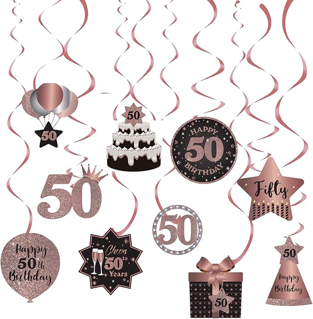 SZHUIHER Happy 50th Birthday Party Hanging Swirls Streams Ceiling Decorations, 50 Foil Hanging Swirls with Cutouts for 50 Years Rose Gold Birthday Party Decorations Supplies