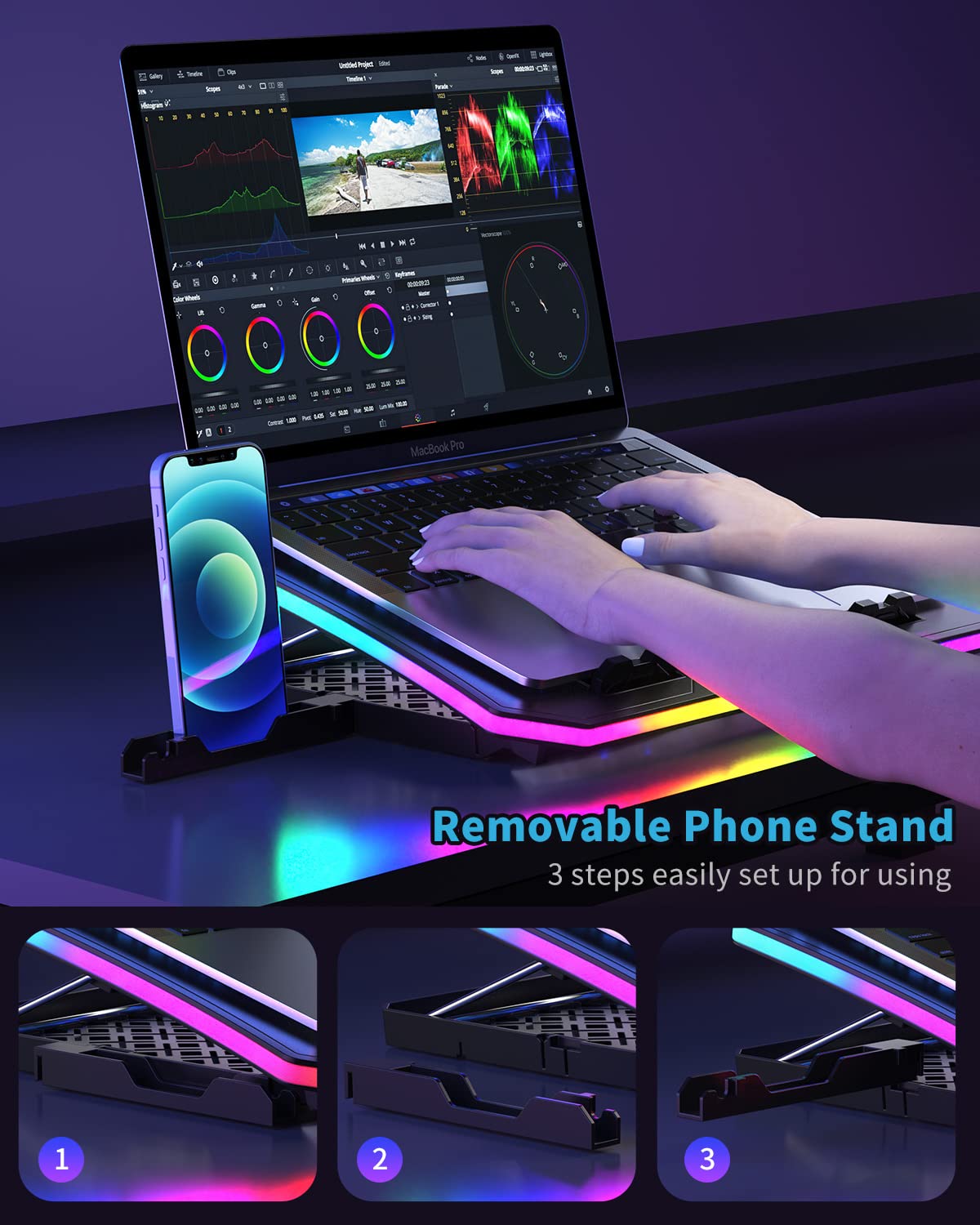 Almohadilla de refrigeración para laptop, KeiBn RGB para portátiles de 15.6 a 17.3 pulgadas, con 10 modos de luz, 6 ventiladores, 7 soportes de altura, 2 puertos USB, uso de escritorio o regazo