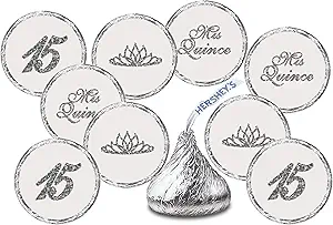 Mis Quince Birthday Silver Kisses Stickers, (Set of 216), Quinceanera Chocolate Drops Labels, 15 Party Decoration Favors Decor for Kisses. Made in USA.