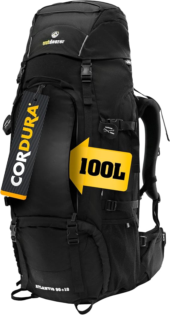 outdoorer Atlantis Black Travel Backpack - Large Trekking Backpack in Black 100% Cordura Backpacker Backpack with Front Access for Travel 100 L
