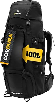 outdoorer Atlantis Black Travel Backpack - Large Trekking Backpack in Black 100% Cordura Backpacker Backpack with Front Access for Travel 100 L