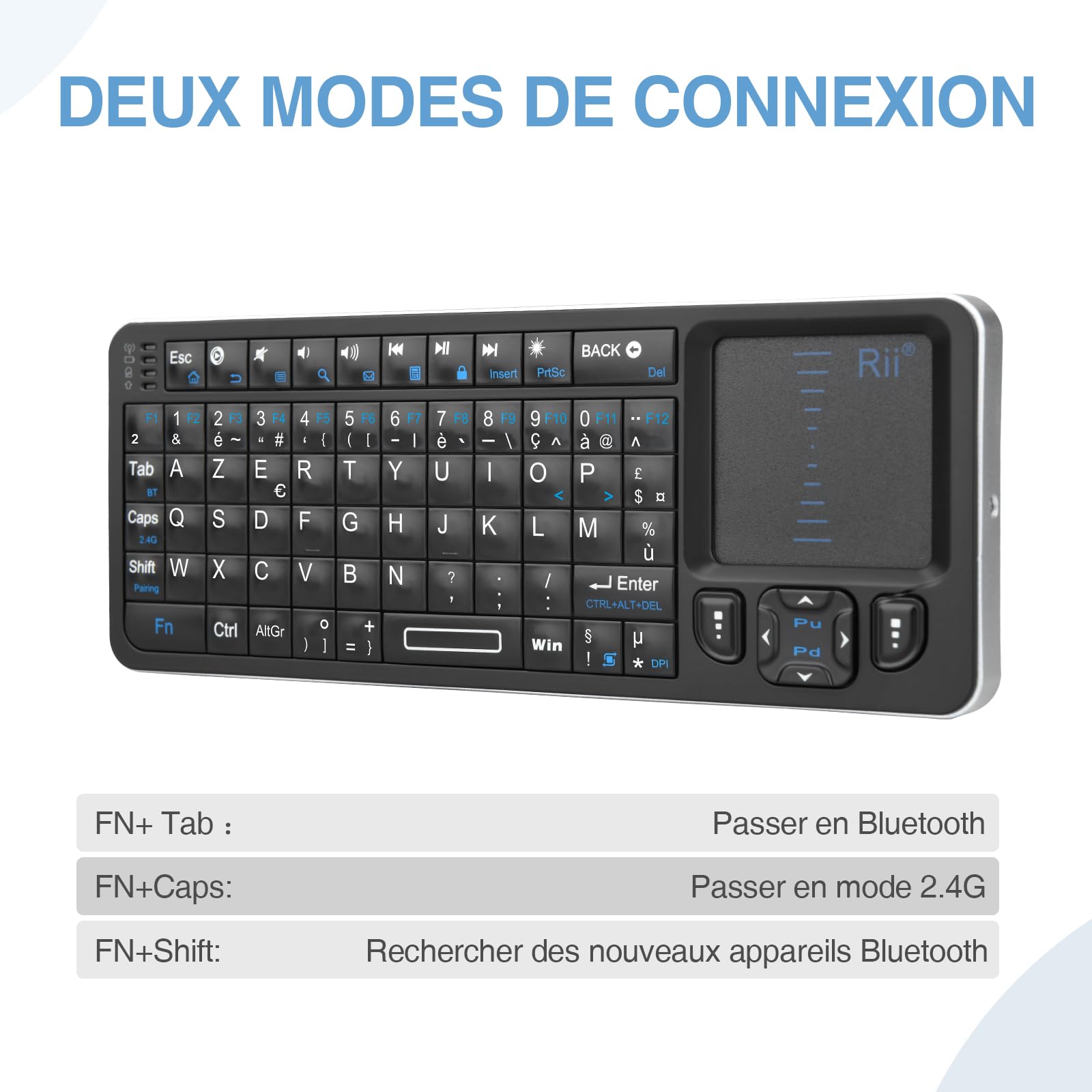 Rii Mini Clavier Rétroéclairé | USB 2.4 GHz + Bluetooth | Pavé Tactile | Ultra-Portable | Compatible Android TV, Mac, Windows