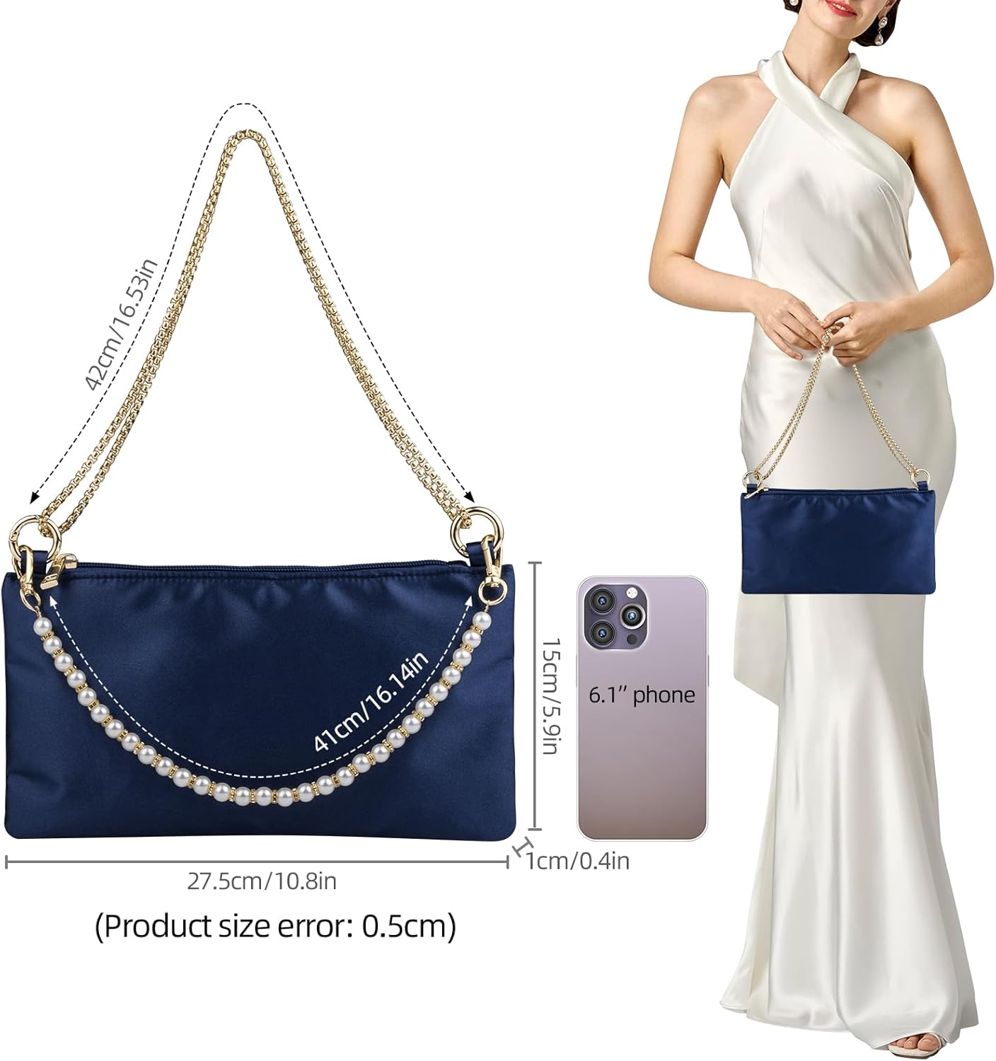 Women Satin Evening Handbag Wedding Prom Clutch Purse Formal Cocktail Party Clutches Shoulder Bag with 2 Bag Chains - Image 4