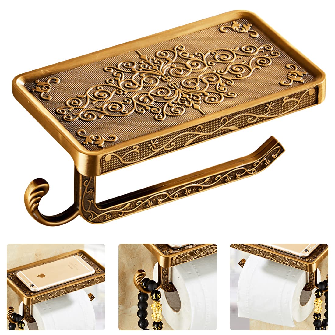 HASTHIP® Toilet Paper Roll Holder with Phone Shelf, Anti-Rust Aluminum Antique 3D Carving Wall-Mounted Toilet Paper Holder for Bathroom Washroom Hotel (7.29 * 3.94 * 3.75inch) (B09ZNX4HBV) Amazon Price History, Amazon Price Tracker