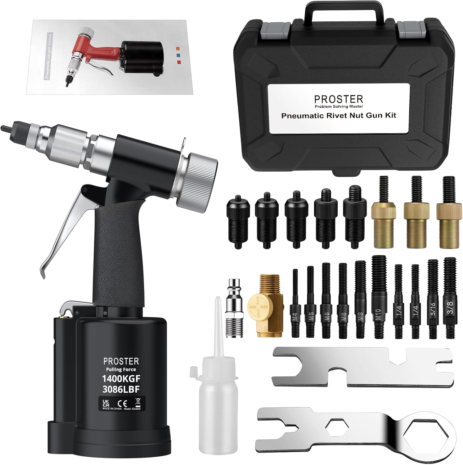 Proster Pneumatic Hydraulic Rivet Nut Set - 3086LBF Heavy-Duty Riveters Setting Kit for M4 M5 M6 M8 M10 1/4" 5/16" 3/8" Nuts with Storage Case (Black)