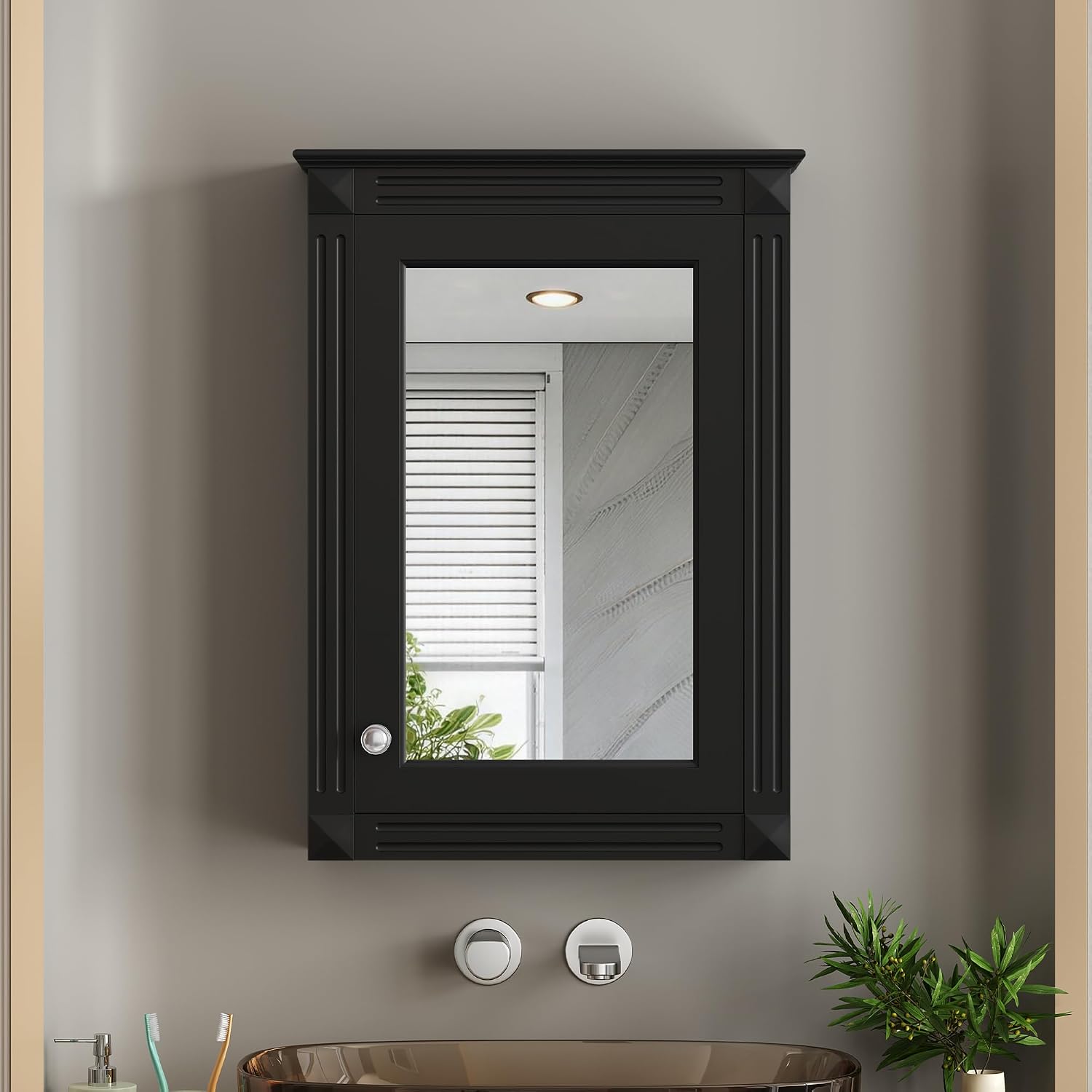 20" Wall Mounted Bathroom Storage Cabinet with Mirror, Solid Wood and MDF, Black