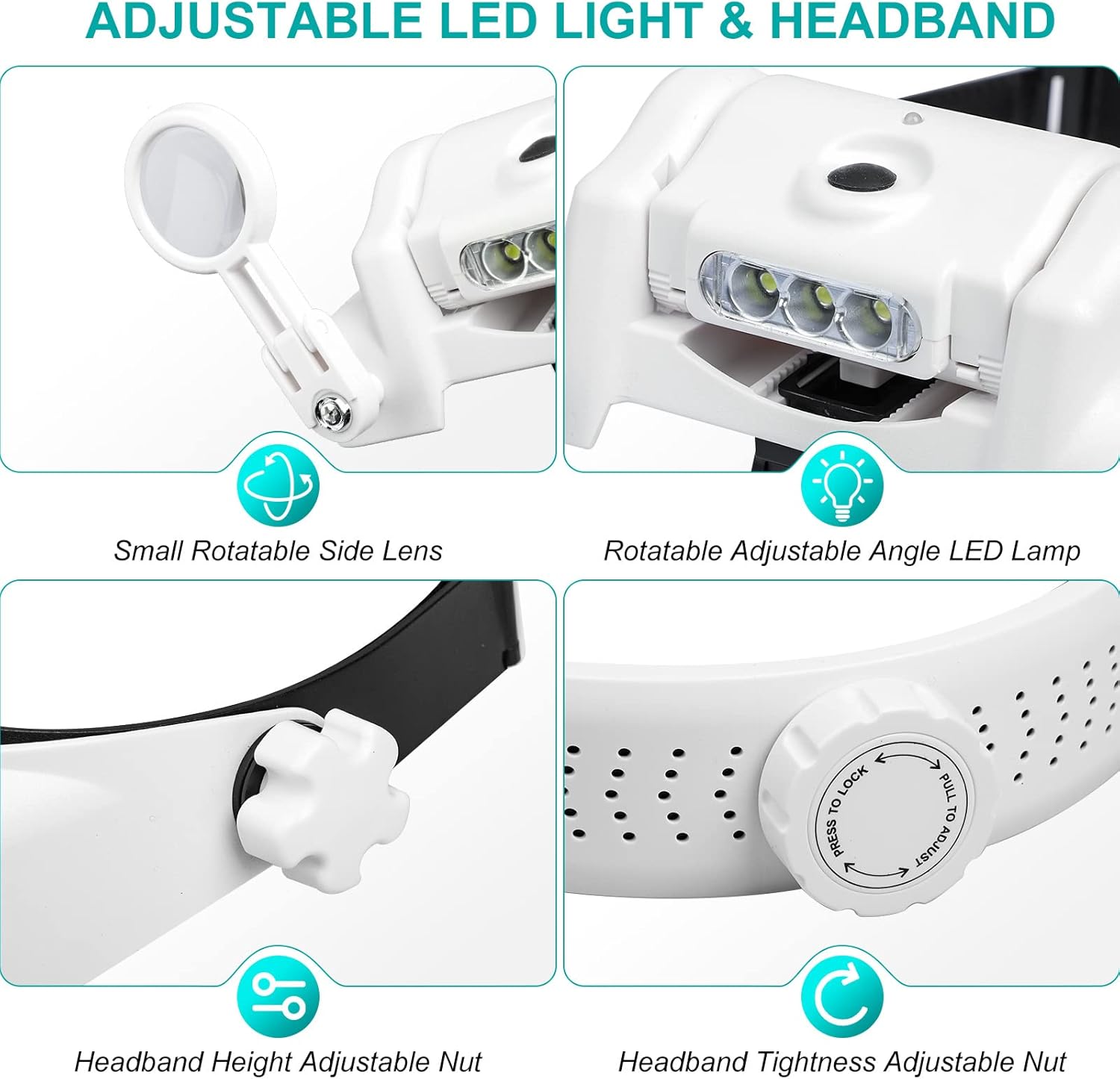 Headband Magnifier Glasses, Lpluziyyds 1X to 14X Rechargeable Head Magnifier with LED Light, Handsfree Head Mount Magnifying Glass with 6 Detachable Lens for Close Work Reading Jewelry Crafts Repair