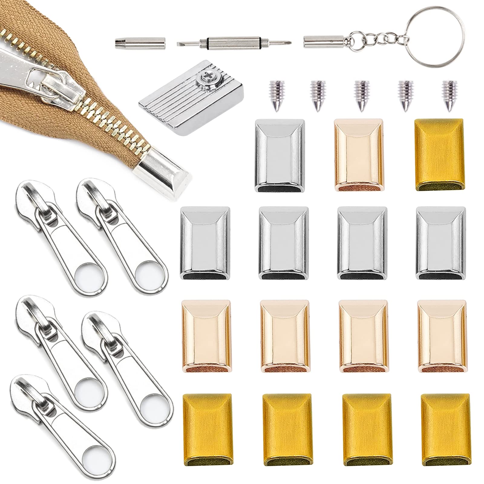 HJYZY 61 Piezas Kit De Reparación De Cremalleras | Topes Y Tapones De Metal Para Bolsos Y Chaquetas | Aleación Resistente (Oro, Plata, Bronce) + Destornillador