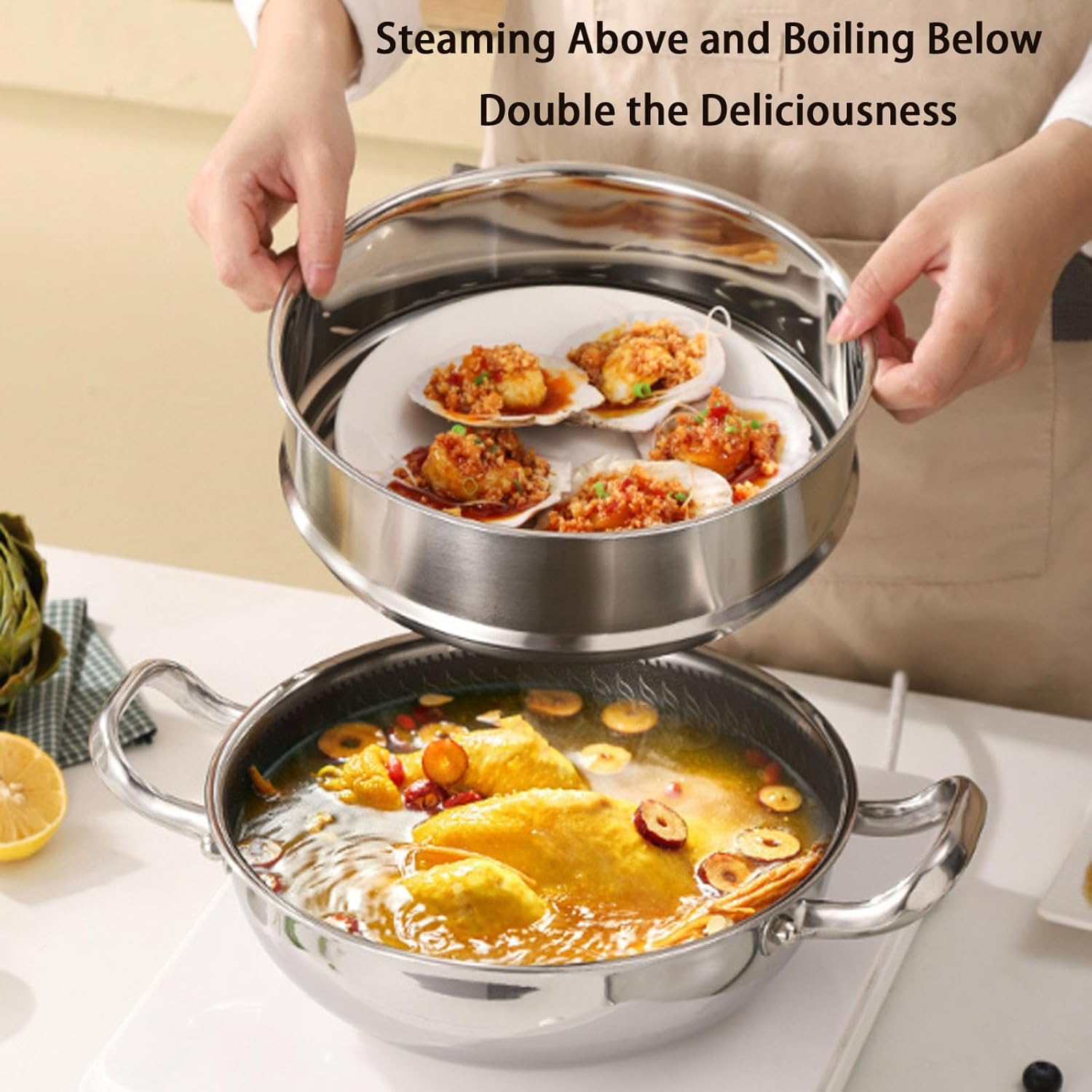 Titanium Hammered Pan, Upgrade Non Stick Titanium Pans for Cooking, Ultra-Durable, Scratch-Resistant, Even Heating Frying Pans, Compatible with All Cooktops,10.23/Steamer