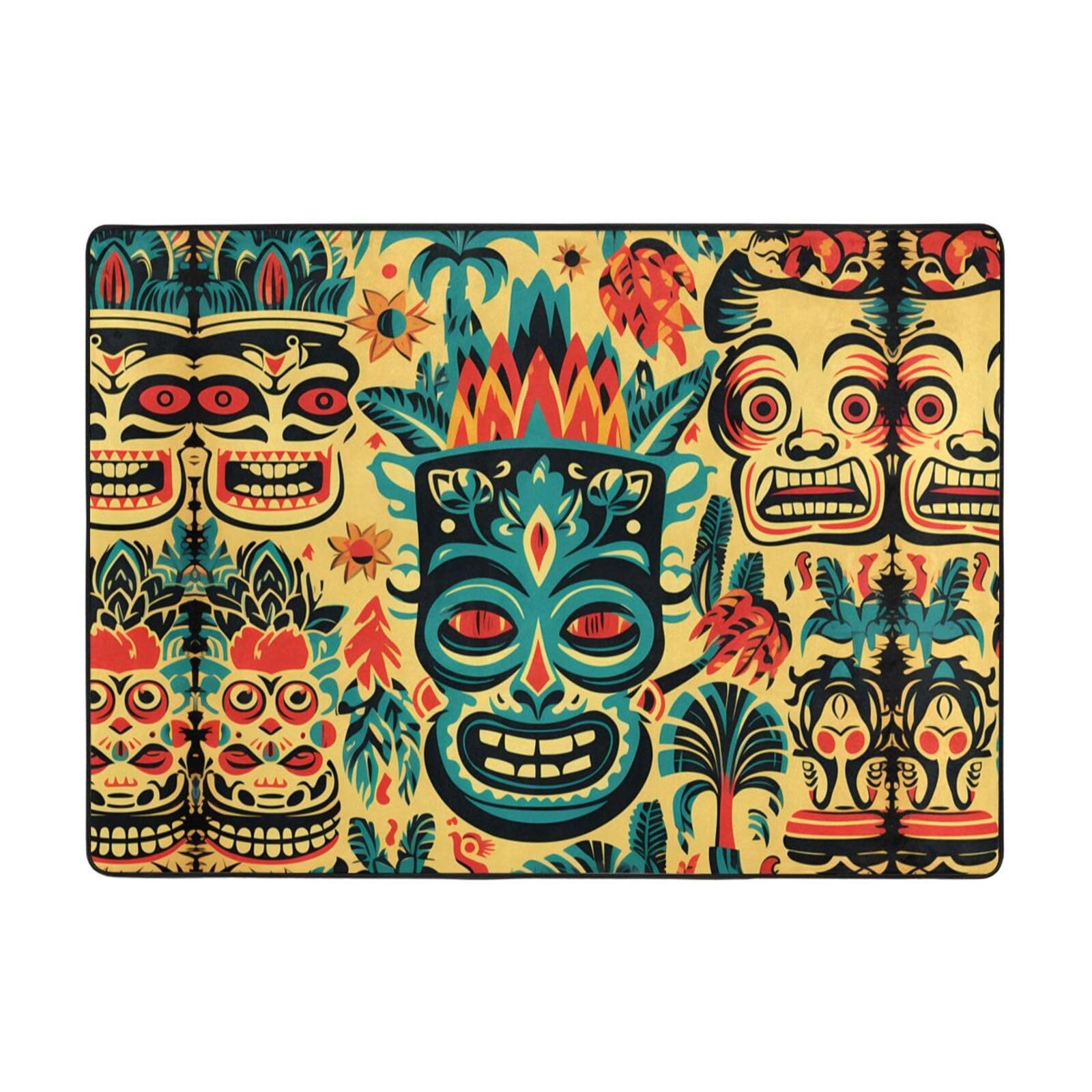 Grand tapis de sol vintage Aloha Tiki 203x147 cm lavable et résistant pour salon et extérieur