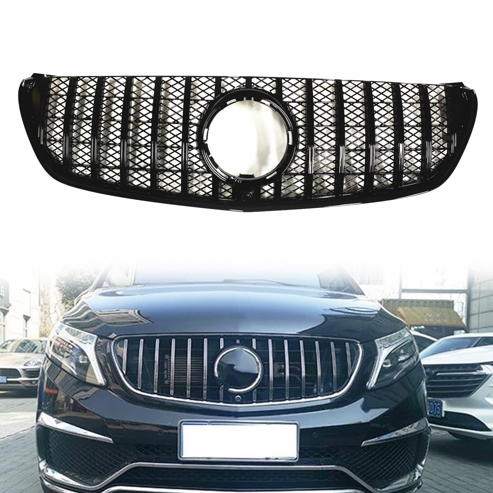 Calandre W447 noire R Style anti-fissure pour pare-chocs Classe V 2016-2021 avec support caméra