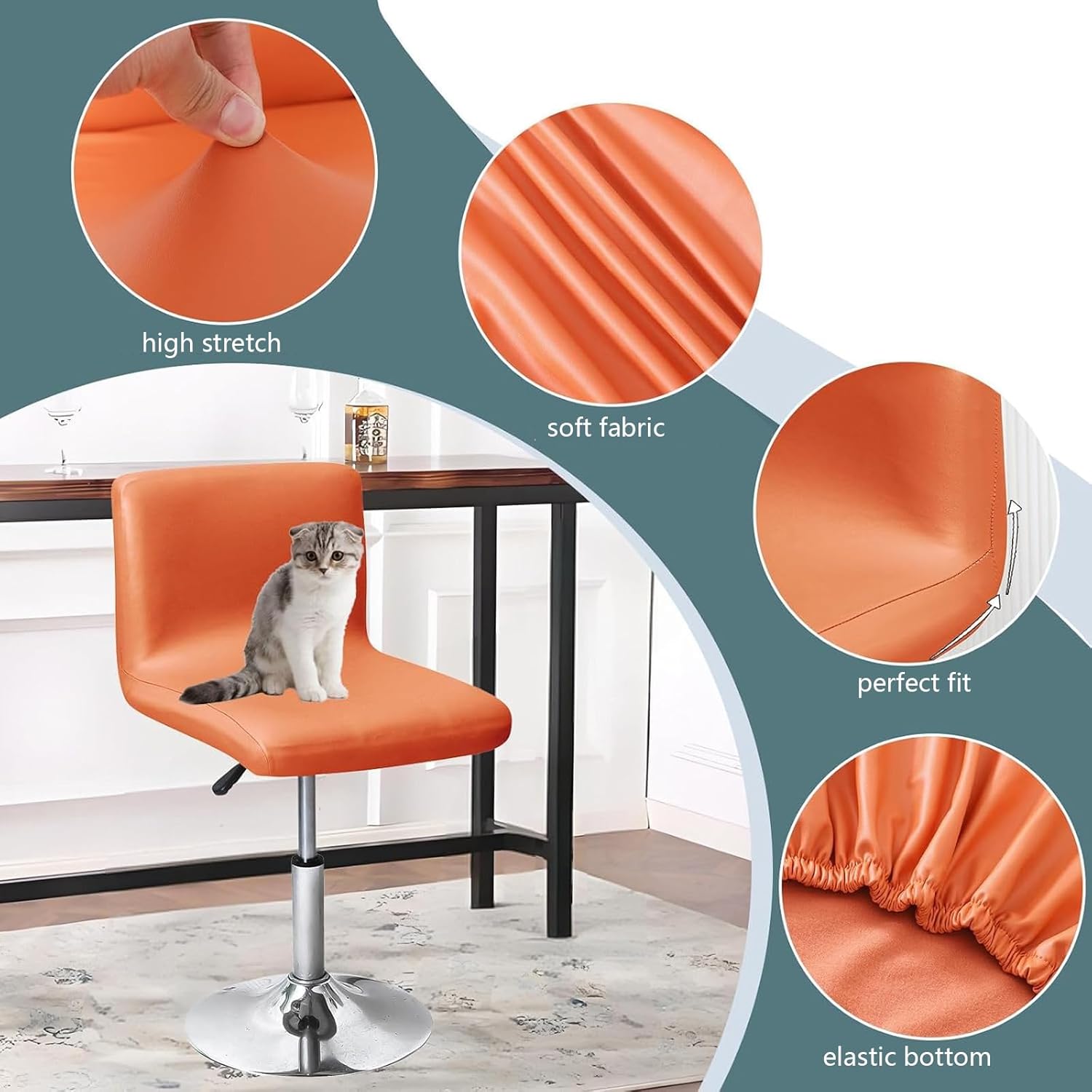 Waterproof Square Bar Stool Covers with Backs, Leather Counter Bar Stool Covers for Short Backed Barstools with Elastic Band Orange 6 pcs