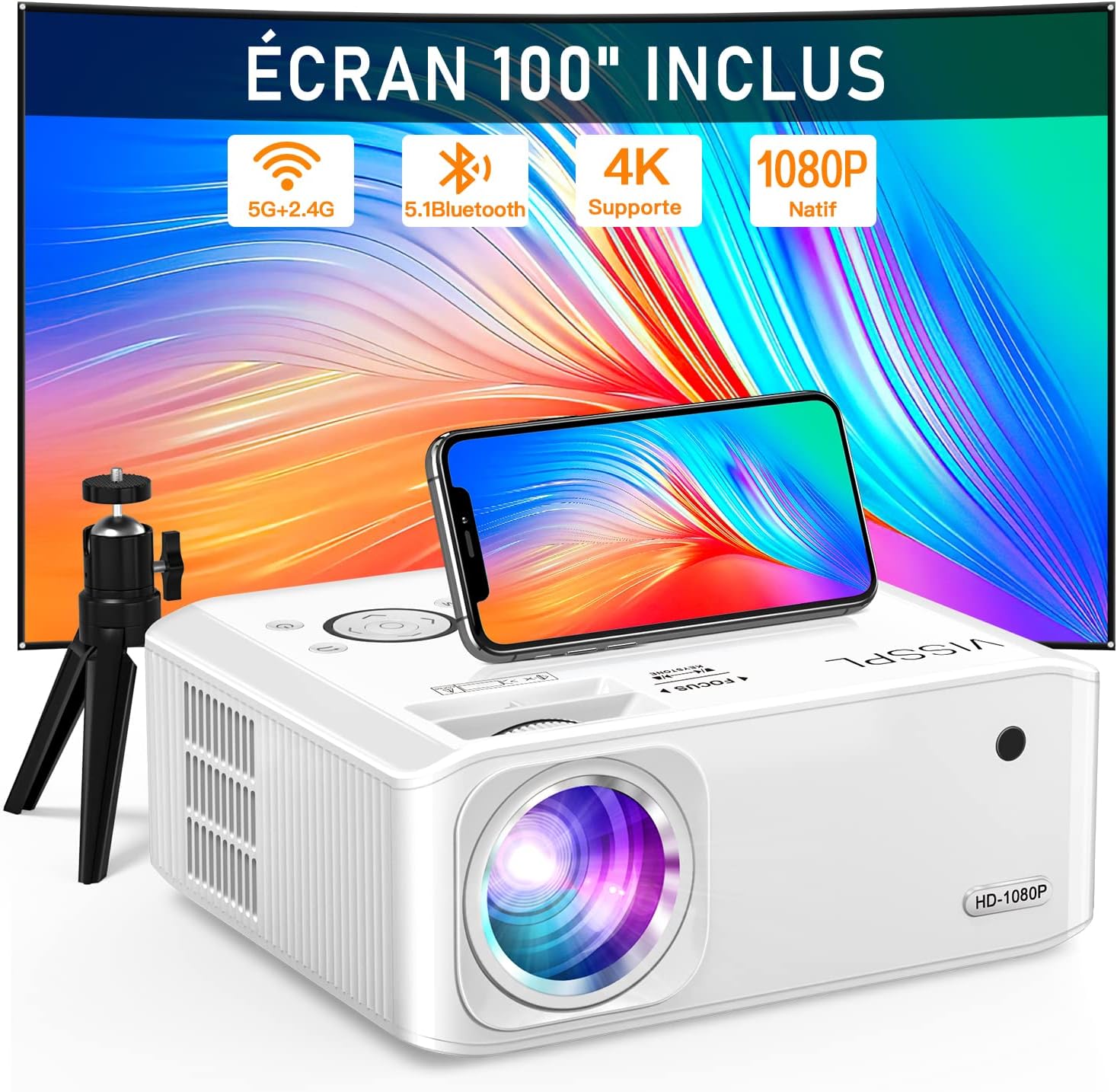 Eeenfy Smart Beamer Portable Home Theatre, Proiettore Android 13.0 25000Lux, 1080P, E-Focus/Trapez, WiFi6 Bluetooth 5.2, Outdoor 4K, Supporto Cellulare