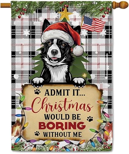 MALIHONG Bandera de casa de Feliz Navidad con diseño de Border Collie para perro, bandera grande de 28 x 40 pulgadas, vertical, doble cara, a