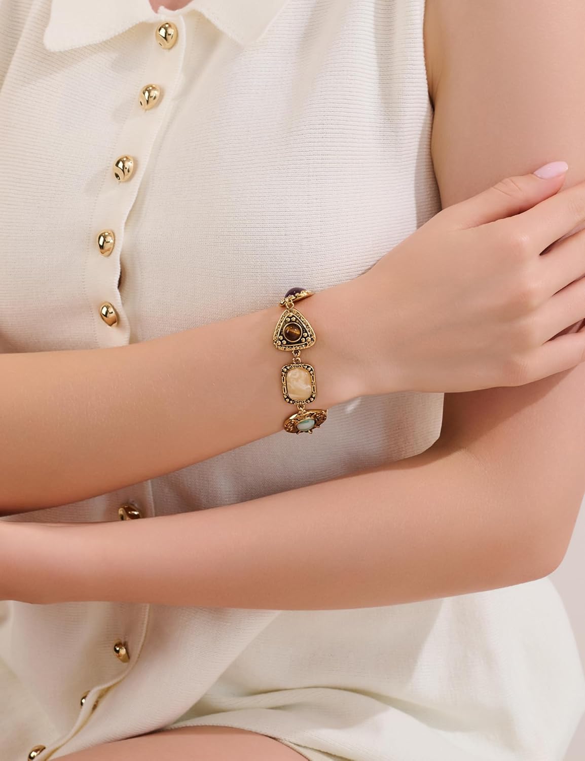 Vintage Hammered Gold Bracelet for Women Geometric Colorful Resin Stone Bracelets Adjustable OT Chain Bracelet Jewelry - Image 5