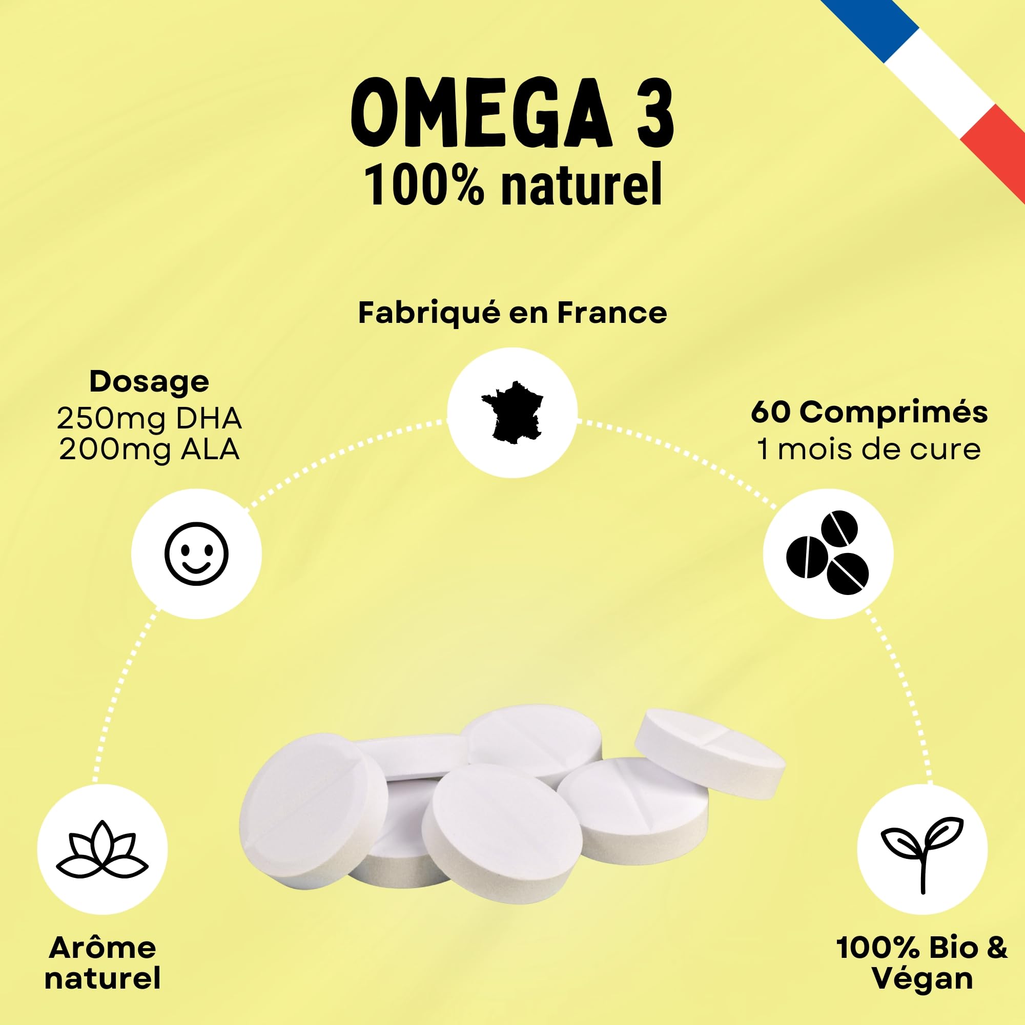 Oméga 3 Vegan & Bio - 250 mg DHA + 200 mg ALA - Microalgue & Huile de Lin Française - Cerveau & Vision - 1er DHA Certifié Bio - Fabrication Française - Cure 1 Mois (60 Gélules)