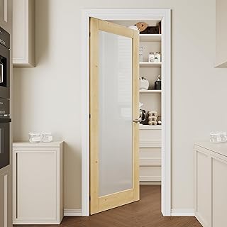 30''x80'' Frosted Glass Interior Door Slab Shaker, Pre-Built Panel for Barn Doors, Pocket Doors, French Door, for Pantry, Bedroom, Closet, Laundry & Bathroom, Solid Knotty Pine Wood