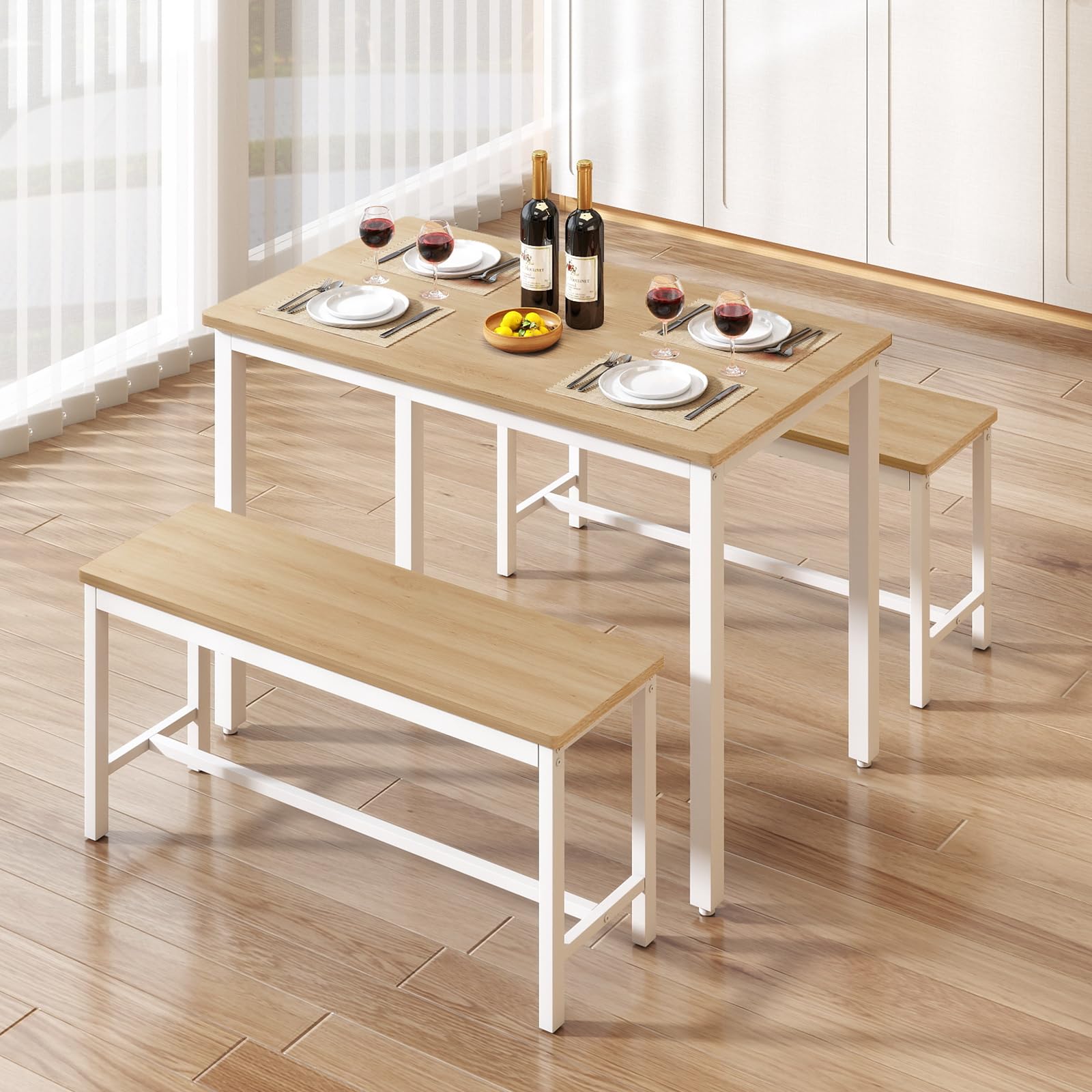 Rovibek Dining Table Set for 4 with 2 Benches – Space-Saving Kitchen Table Set for Kitchen & Dining Room, White