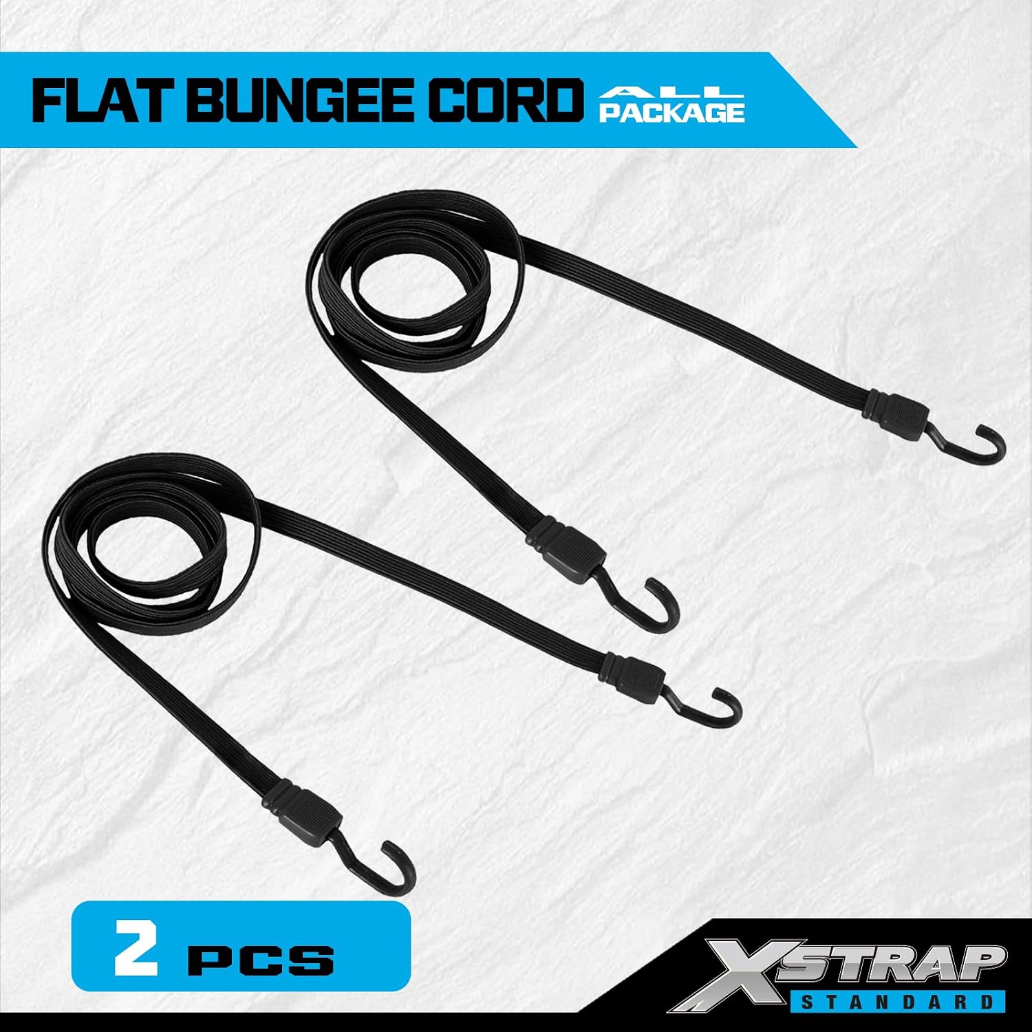 XSTRAP STANDARD 2PK 77 Inch Flat Bungee Cord Heavy Duty Adjustable Long Straps with Hooks for Hand Truck, Camping, Motorcycle, Cars, Bikes, Luggage Rack (Black)