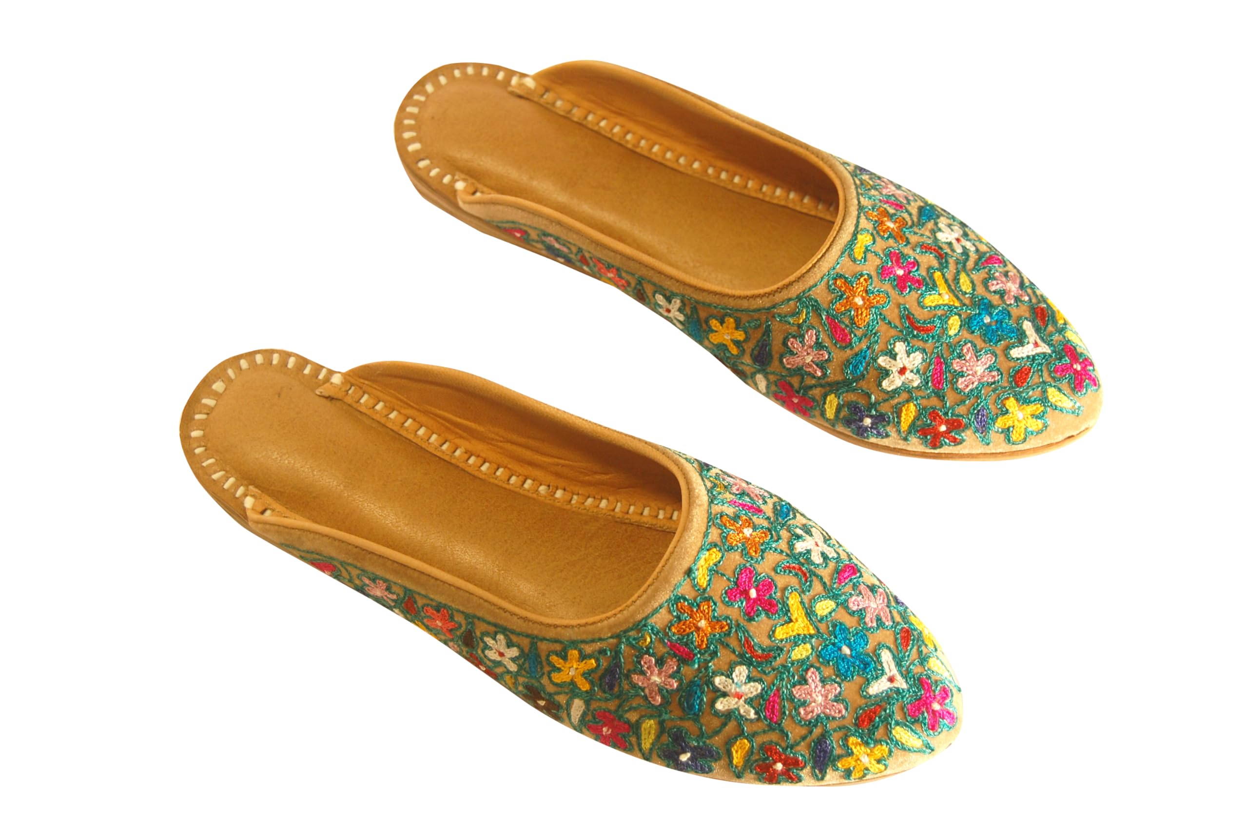 Floral Embroidered Brown Velvet Leather Flat Mules for Women (Multicolor)-image-3