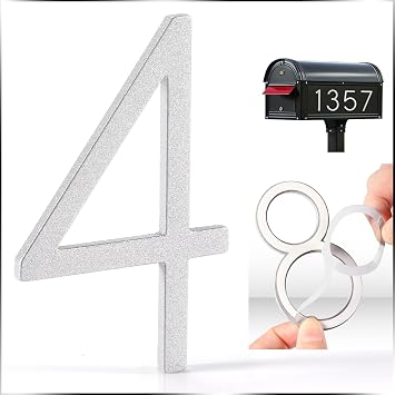 VONDERSO 3 Inch Self-Adhesive Mailbox Numbers and Letters for Outside, Thick Foam Adhesive for Strong Adhesion, Aluminum Alloy with Powder-Coated Finish, No Fading, Rustproof Glossy Silver Number 4
