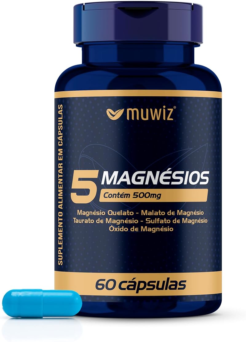 Muwiz Suplemento 5 Magnésios 500mg – 60 Cápsulas | Suplemento Alimentar, Blend de Alta Absorção com Taurato e Malato