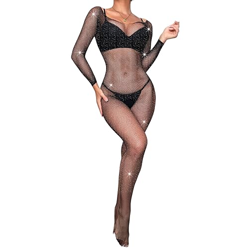 Women's Sexy Fishnet Bodystocking Sparkle Rhinestone See Through Full Body Lingerie Long Sleeve Mesh Bodysuit Glitter Crystal Body Stockings One Piece Naughty Nightwear