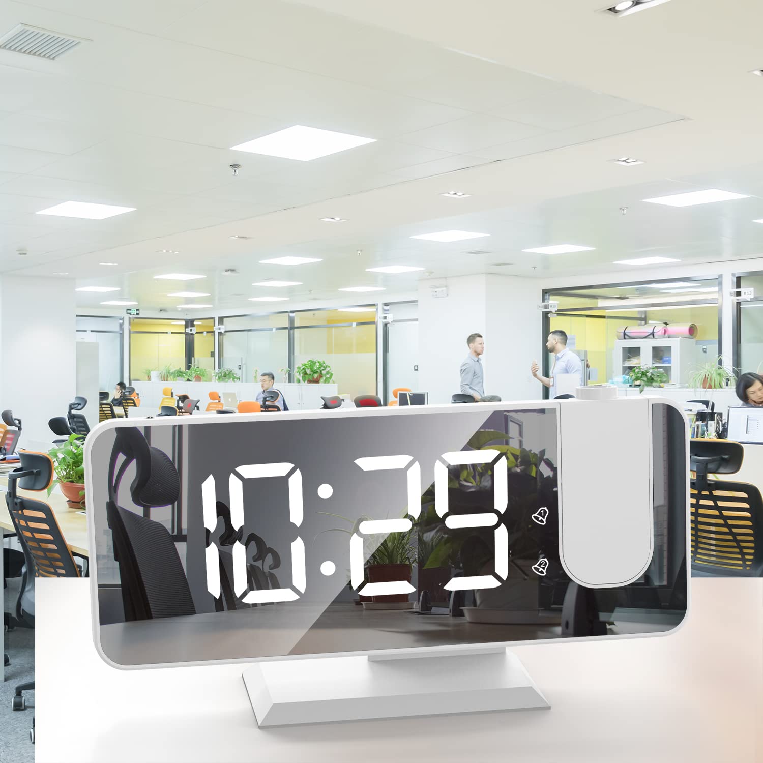 Budzik z projektorem na ścianę, podwójny alarm, drzemka, 12/24 h, port ładowania USB, LED, lustro, wyświetlacz, 4 poziomy jasności, ściemniacz, biało-biały