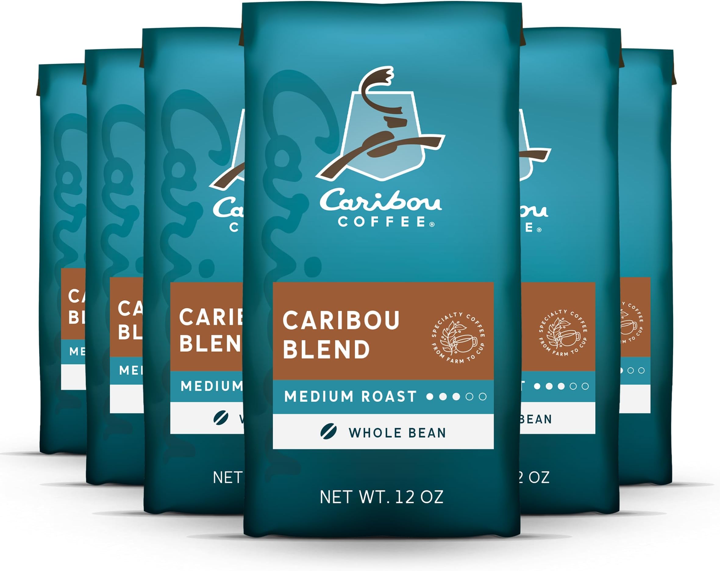 Caribou Coffee, Medium Roast Whole Bean Coffee - Caribou Blend 72 Ounces (6 Bags of 12 Ounces)