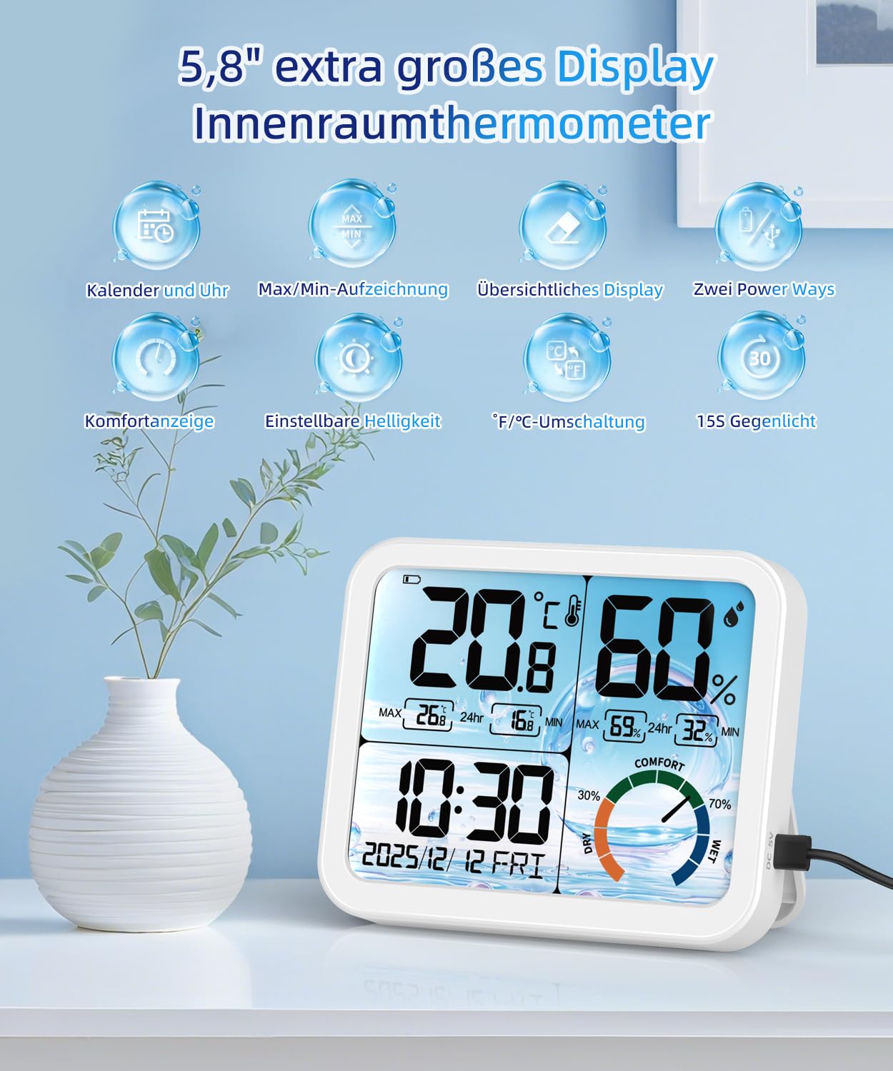 VOCOO 5.8" Digitales Raumthermometer und Hygrometer – LCD-Display mit Hintergrundbeleuchtung und Komfortanzeige, Max/Min-Speicher, Uhr und Kalender, zwei Stromversorgungsmöglichkeiten (USB/Batterie)