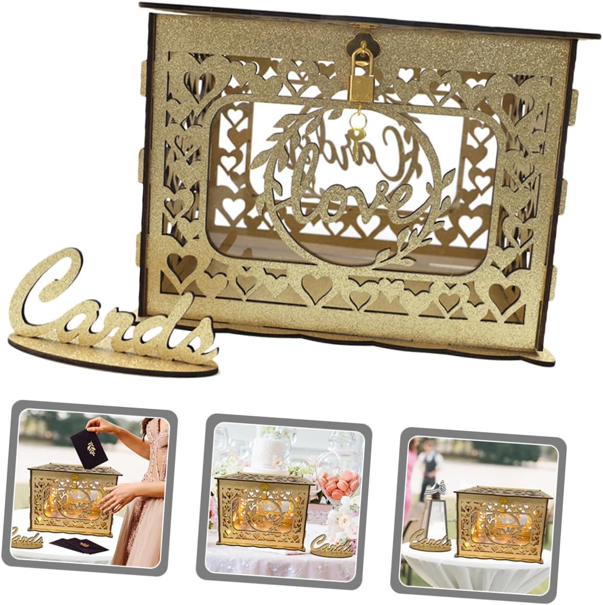 CHILDWEET Wooden Hollow Glitter Card Box Wedding Reception Envelope Money Storage Box Anniversary Cards Holder Decorative Collecting for Party