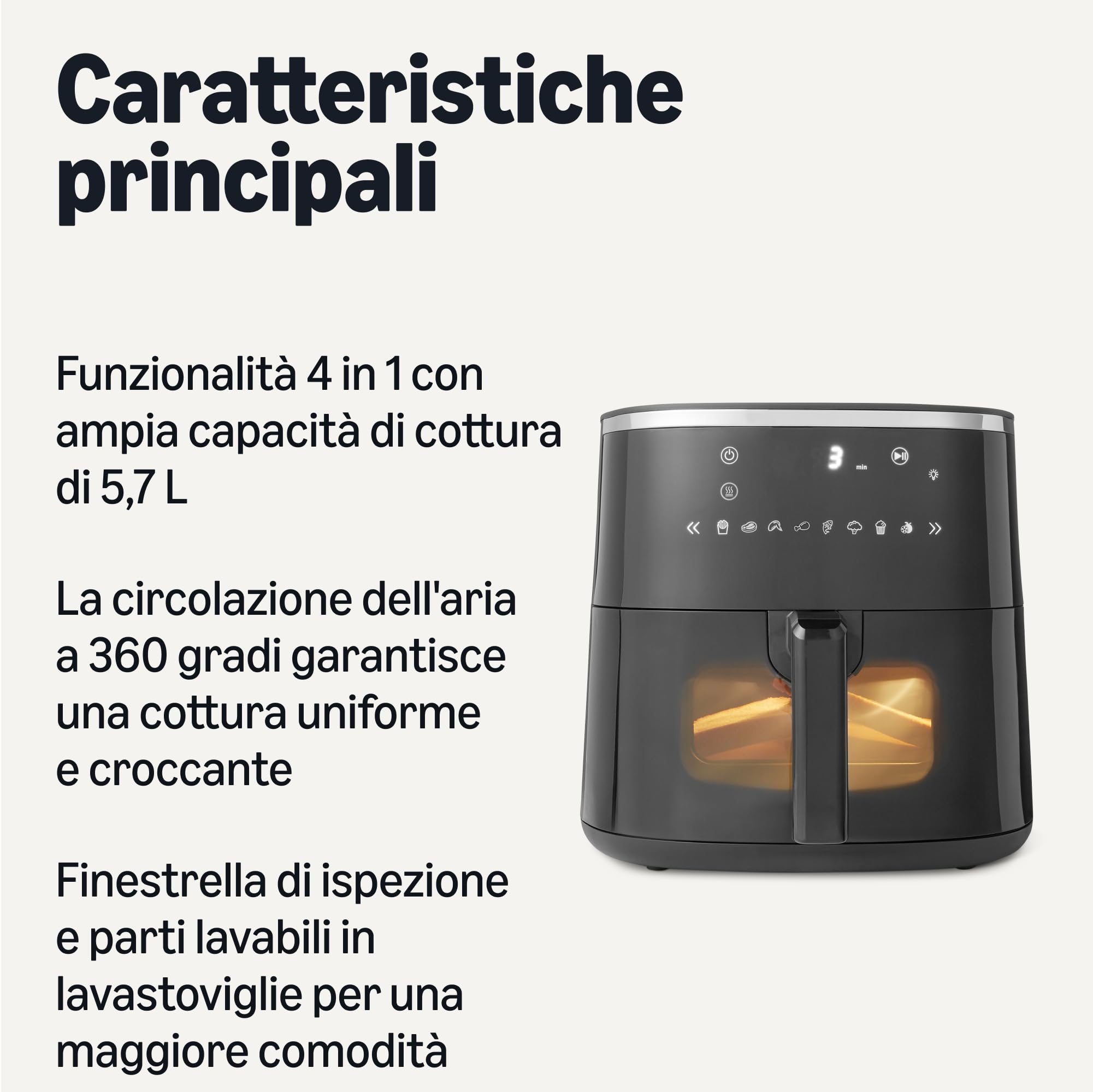 Amazon Basics - Friggitrice ad Aria 5,7L, con Finestra Trasparente, 8 Menu Preimpostati, 1750W, Nero